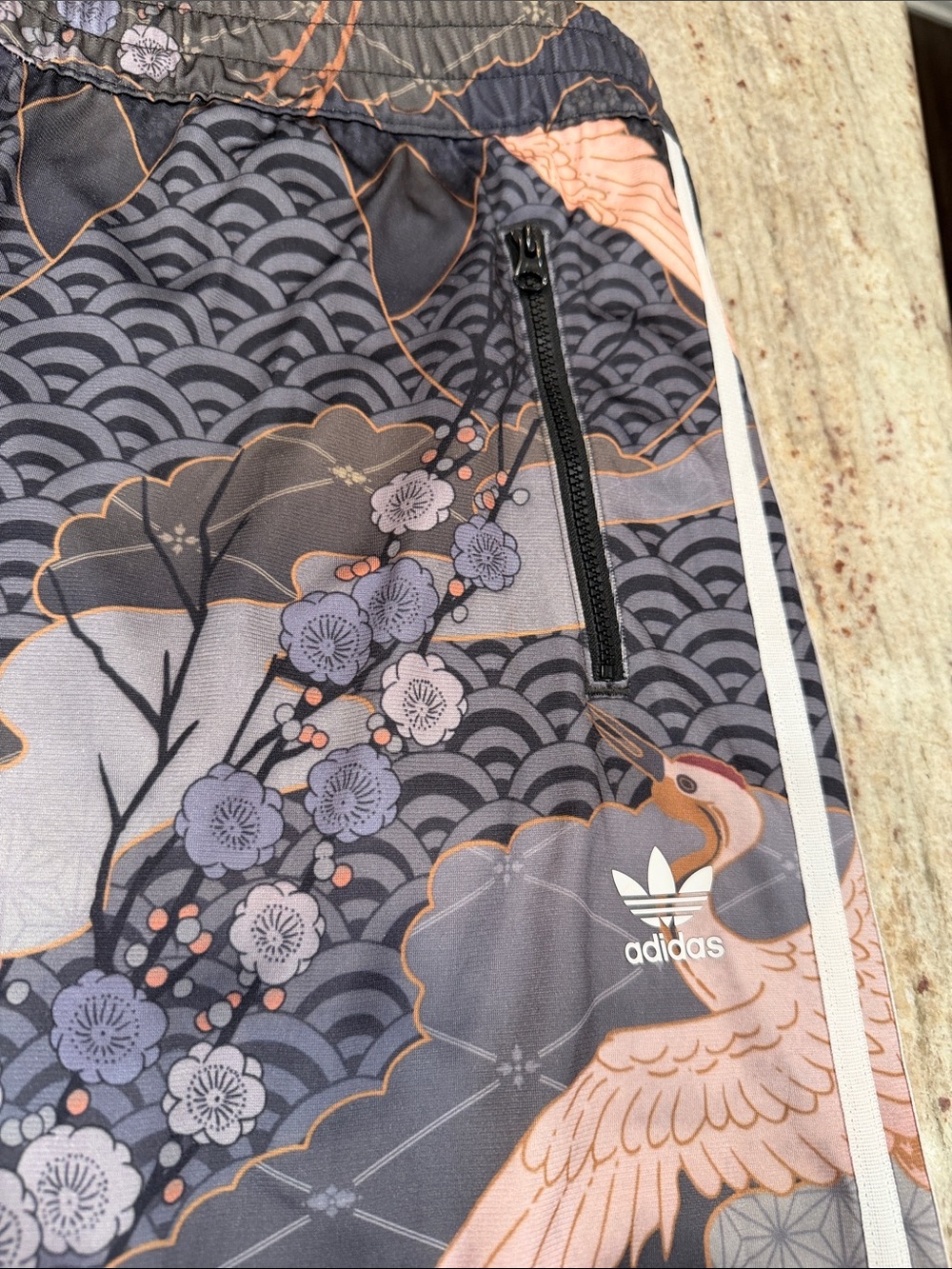 adidas Gray Track Pants with Peach Crane Print - Picture 5 of 9